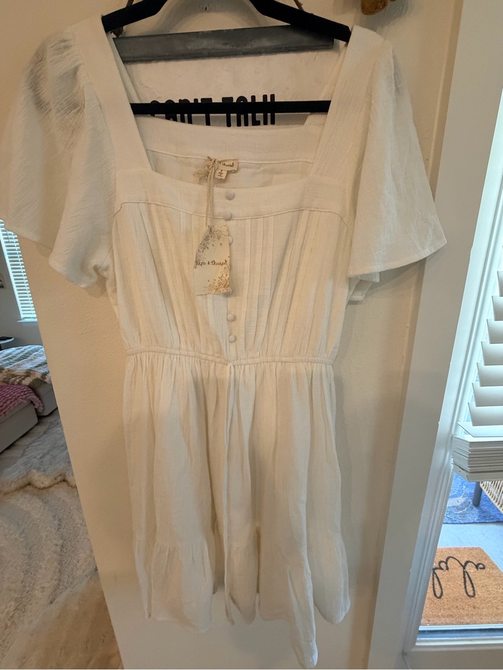 Hem & Thread White Button-Front Square Neck Dress